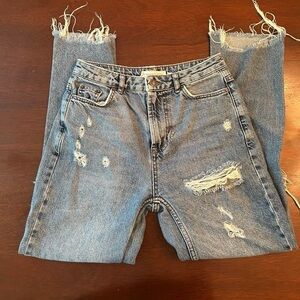 Trendy Distressed Straight Leg Jeans in Light Blue